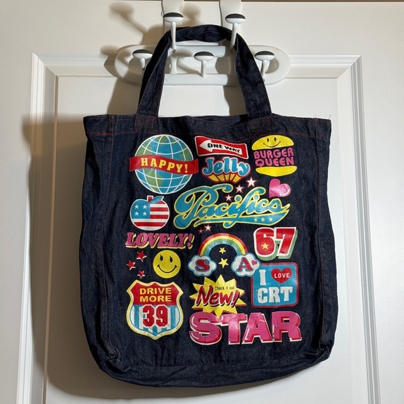 Denim Tote Bag with Colorful Patches - Picture 2 of 10